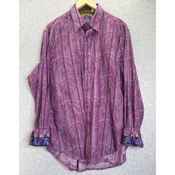 Men's‎ Robert Graham Large Long Sleeve Striped Paisley Button-Up Shirt Purple - Picture 2 of 14